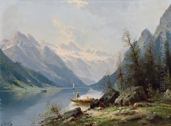 Ein Alpensee Mit Fischer Oil Painting by Karl Kaufmann