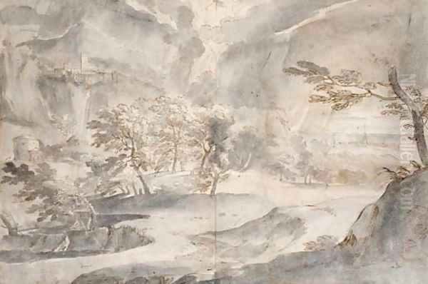 Paysage avec des arbres, un village et une montagne à l'arriere-plan Oil Painting by Jan Frans Van Bloemen (Orizzonte)