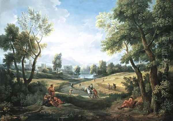 An extensive river landscape with peasants during the harvest, a lakeside town beyond Oil Painting by Jan Frans Van Bloemen (Orizzonte)