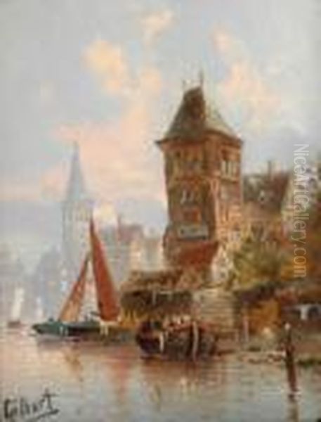 Belgian Town From The River Oil Painting by Karl Kaufmann