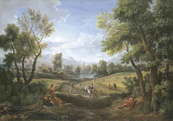 An extensive river landscape with peasants during the harvest, a lakeside town beyond 2 Oil Painting by Jan Frans Van Bloemen (Orizzonte)