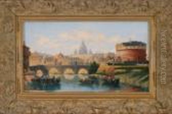 Rom - Blick Vom Tiber Miteinigen Fischerbooten Auf Die Engelsburg Und Den Petersdom Oil Painting by Karl Kaufmann