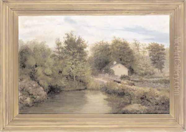 A Cattle And Drover Passing The Village Pond Oil Painting by Karl Kaufmann