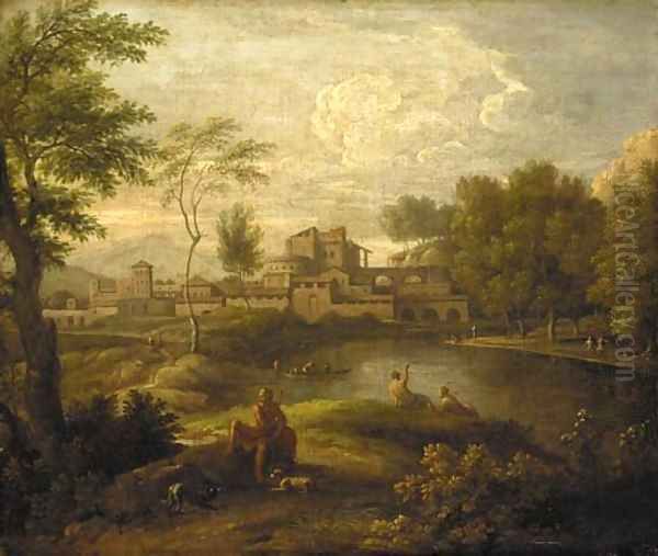 An Italianate landscape with figures by a lake and a town beyond Oil Painting by Jan Frans Van Bloemen (Orizzonte)