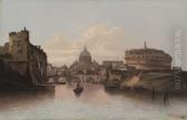 Roma, Castel Sant'angelo Con San Pietro Sullo Sfondo. Oil Painting by Karl Kaufmann