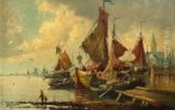 Fischerboote Im Hafen. Oil Painting by Karl Kaufmann