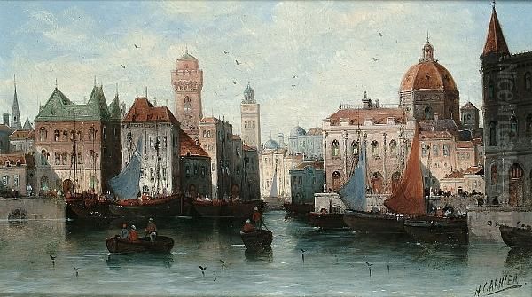 Castel Sant Angelo From The Tiber; And A Capriccio Of An Italian Town On A River Oil Painting by Karl Kaufmann