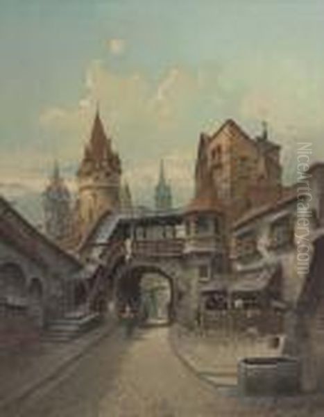 Figures Ambling Down A Continental Street Oil Painting by Karl Kaufmann