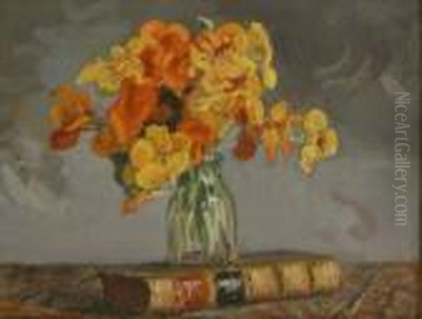 Fleurs Et Livre Oil Painting by Karl Kaufmann