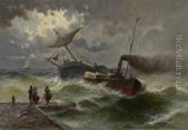 Schaufelraddampfer Und Fischerboot Auf Bewegter See Vor Hafeneinfahrt Oil Painting by Karl Kaufmann