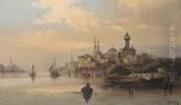 Trading Vessels On The Bosphorous At Dusk, Istanbul; And Two Others, Similar Oil Painting by Karl Kaufmann