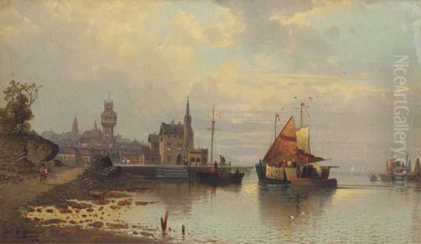 View Of A Harbour Town At Dusk Oil Painting by Karl Kaufmann