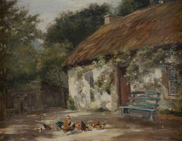 Hens By A Cottage Oil Painting by Archibald Kay