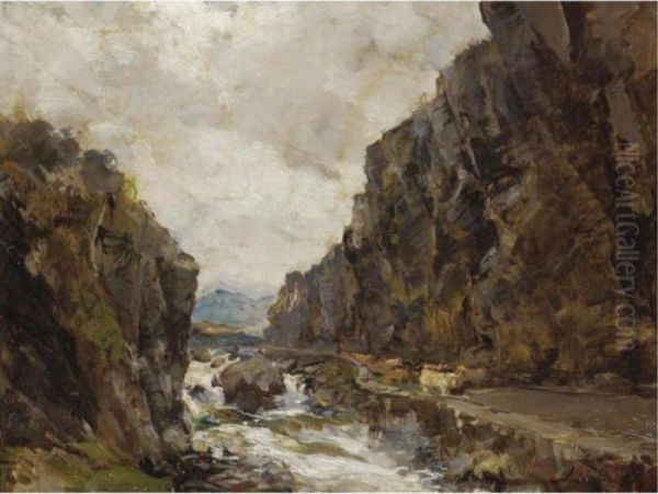 Cattle On A River Gorge Oil Painting by Archibald Kay