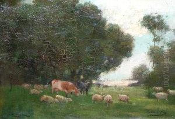 Scottish Rsa Rsw -- Cattle Watering By Woodland Oil Painting by Archibald Kay