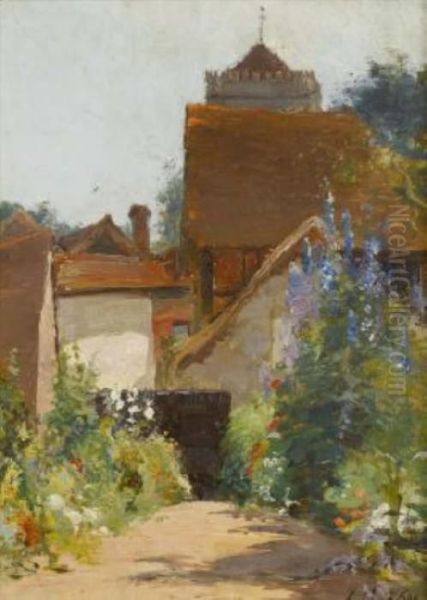 -cottage Garden With Church Oil Painting by Archibald Kay