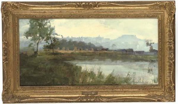 Corn Stooks Along A River Bank, A Castle Beyond Oil Painting by Archibald Kay