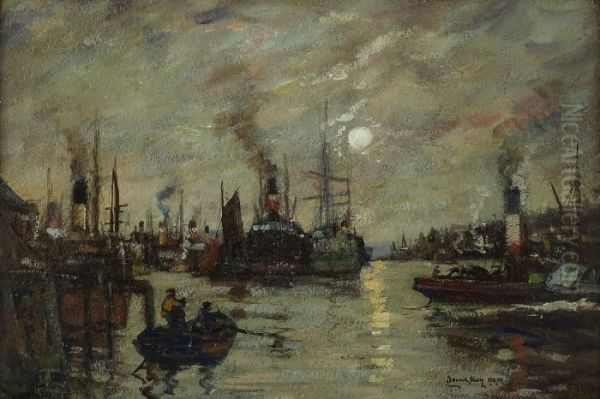 Sunset, Princes Dock, Glasgow Oil Painting by James Kay