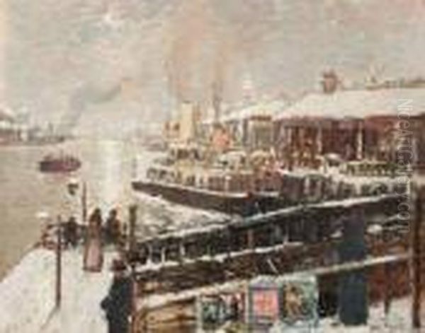 L'embarcadere Sous La Neige Oil Painting by James Kay