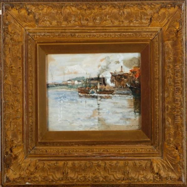 A Steam Ship At The Harbour Oil Painting by James Kay