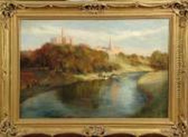 Boating Parties On The River Below Warkworth Castle, Northumberland Oil Painting by James Kay