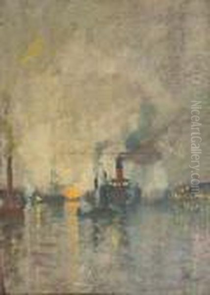 Paddlesteamers At Dusk Oil Painting by James Kay