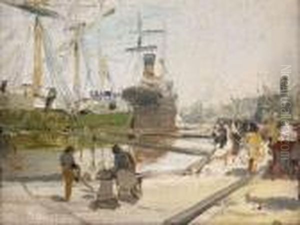 Shipping In A Busy Dock Oil Painting by James Kay