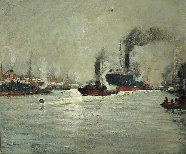 A Busy Harbor Scene With An Ocean Liner And Tugboat Oil Painting by James Kay