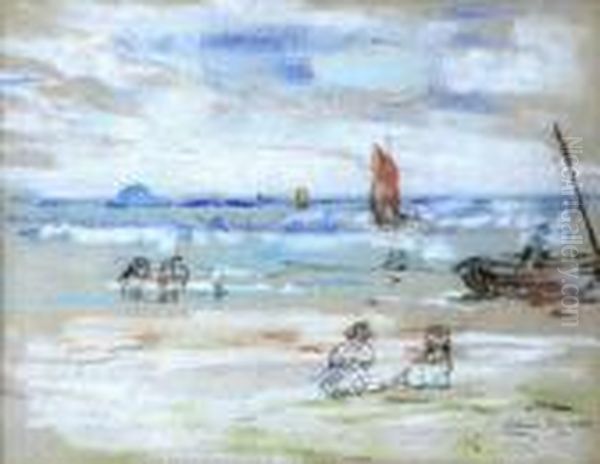 Children On An Ayrshire Beach Oil Painting by James Kay