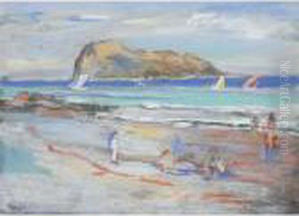 A Steamer Off The Coast, A Breezy Day On The Beach Oil Painting by James Kay