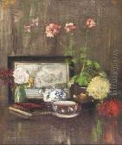 Still Life With Geraniums And Tea Set Oil Painting by James Kay