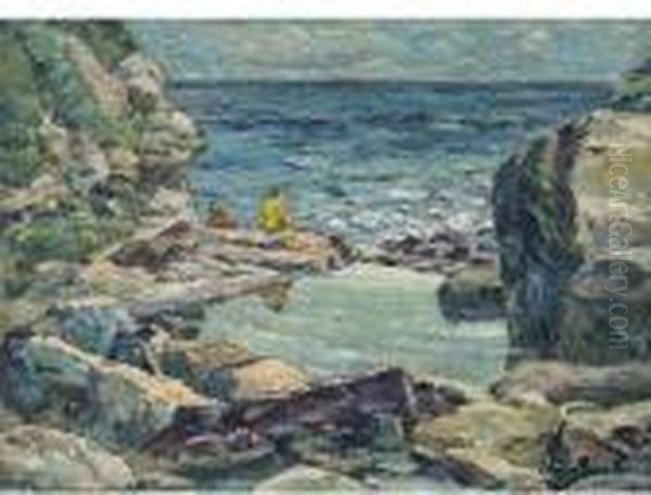 Children By A Rocky Cove Oil Painting by James Kay