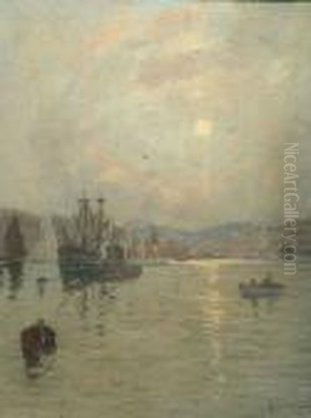 Shipping On The Clyde, Moonlight Oil Painting by James Kay