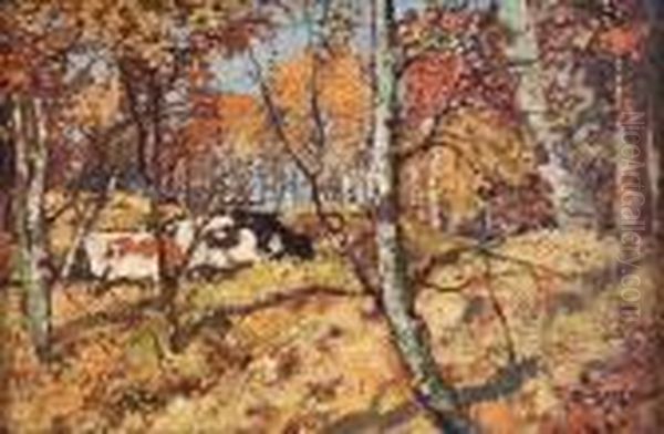 Cattle Grazing In The Woods Oil Painting by James Kay