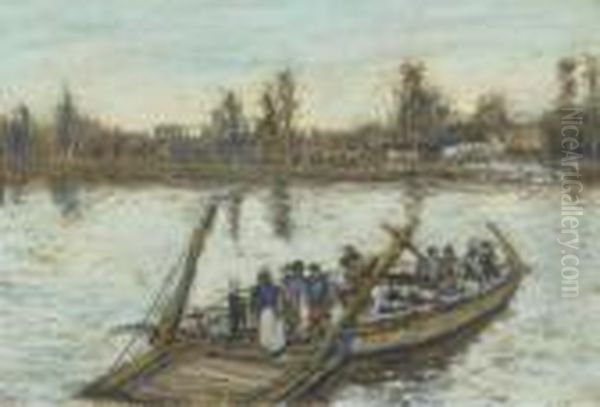 A Paddle Tug On An Industrial River; And The Ferry Crossing(illustrated) Oil Painting by James Kay