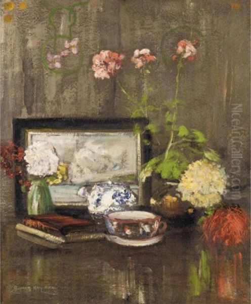 Still Life With Geraniums And A Tea Set Oil Painting by James Kay