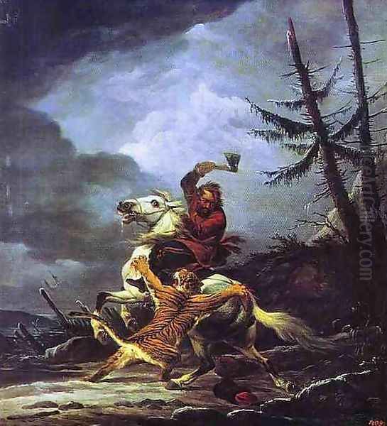 Cossack Fighting off a Tiger Oil Painting by Aleksander Orlowski