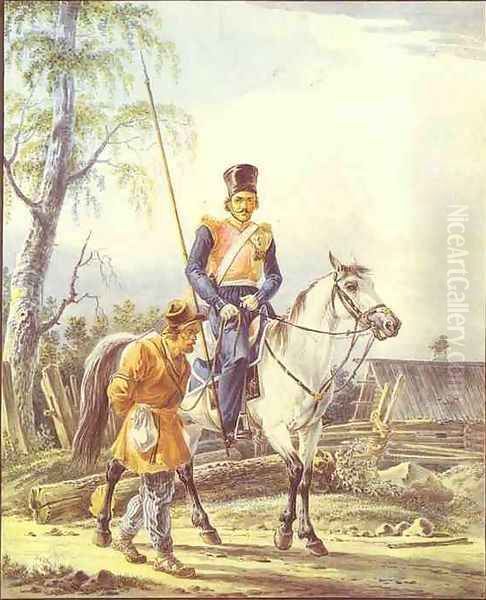 Mounted Cossack Escorting a Peasant Oil Painting by Aleksander Orlowski