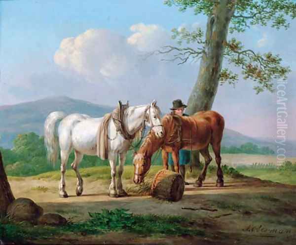 A farmhand with his horses Oil Painting by Anthony Oberman