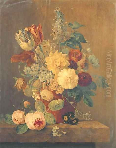 Parrot tulips, roses, morning glory, narcissi and other flowers in a terracotta pot on a marble ledge Oil Painting by Anthony Oberman