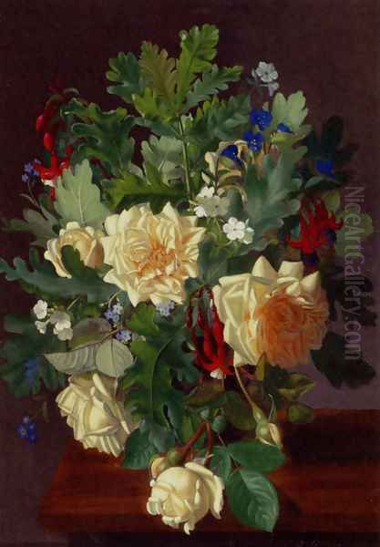 A Still Life With Yellow Roses And Freesia Oil Painting by Otto Didrik Ottesen