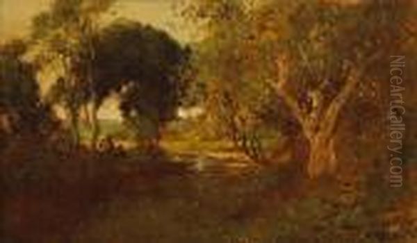 Figures Near A Quiet Creek Oil Painting by William Keith