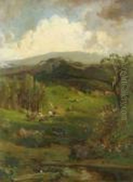 Cows In The Meadow Oil Painting by William Keith