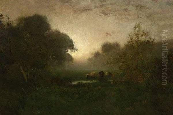 Cows Watering In A Barbizon Landscape Oil Painting by William Keith