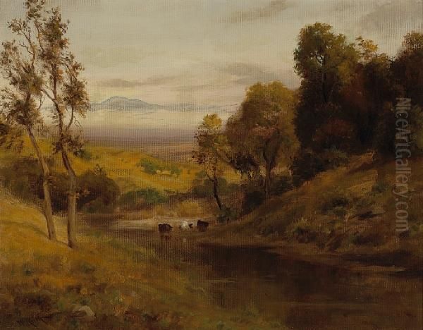 Cattle Watering Among Sunlit Hills Oil Painting by William Keith