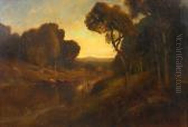 Cattle Watering Along A River Oil Painting by William Keith