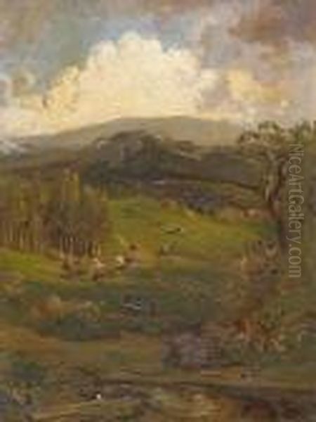 Cattle Grazing Among Rolling Hills And Cloudy Skies Oil Painting by William Keith