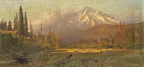 Cabin Hideaway Near A Sunlit 
Clearing With A Mountain In The Distance, Thought To Be Mt. Shasta Oil Painting by William Keith