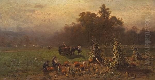 Pumpkin Pickers Oil Painting by William Keith