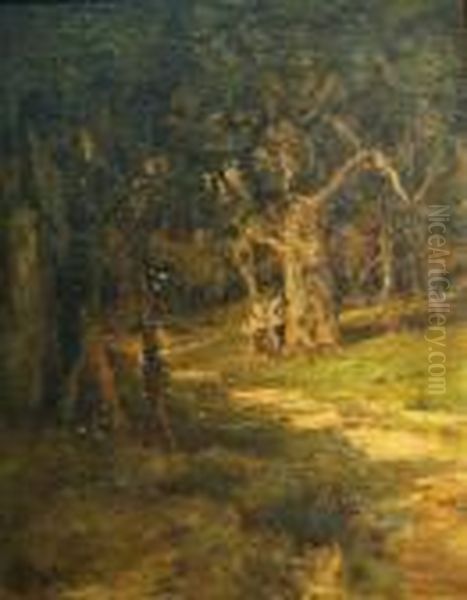 Two Figures By A Woodland Path Oil Painting by William Keith